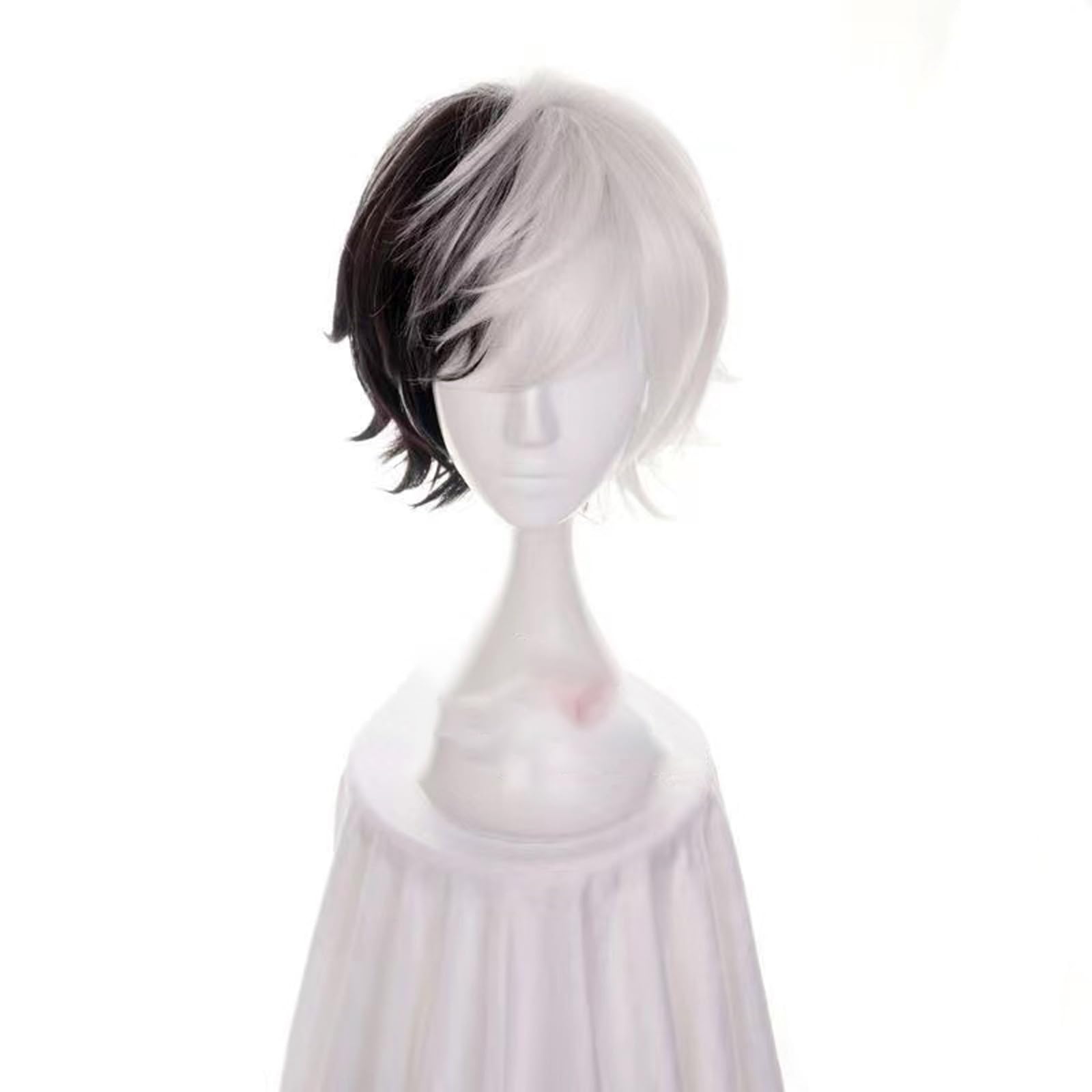 WCCNKK Bungo Stray Dogs Yumeno Kyusaku Cosplay Perücken, Halb Schwarzes Und Halb Weißes Kurzes Haar Hitzebeständige Synthetische Haare Perücke + Perücke Kappe, Dekorative Accessoires