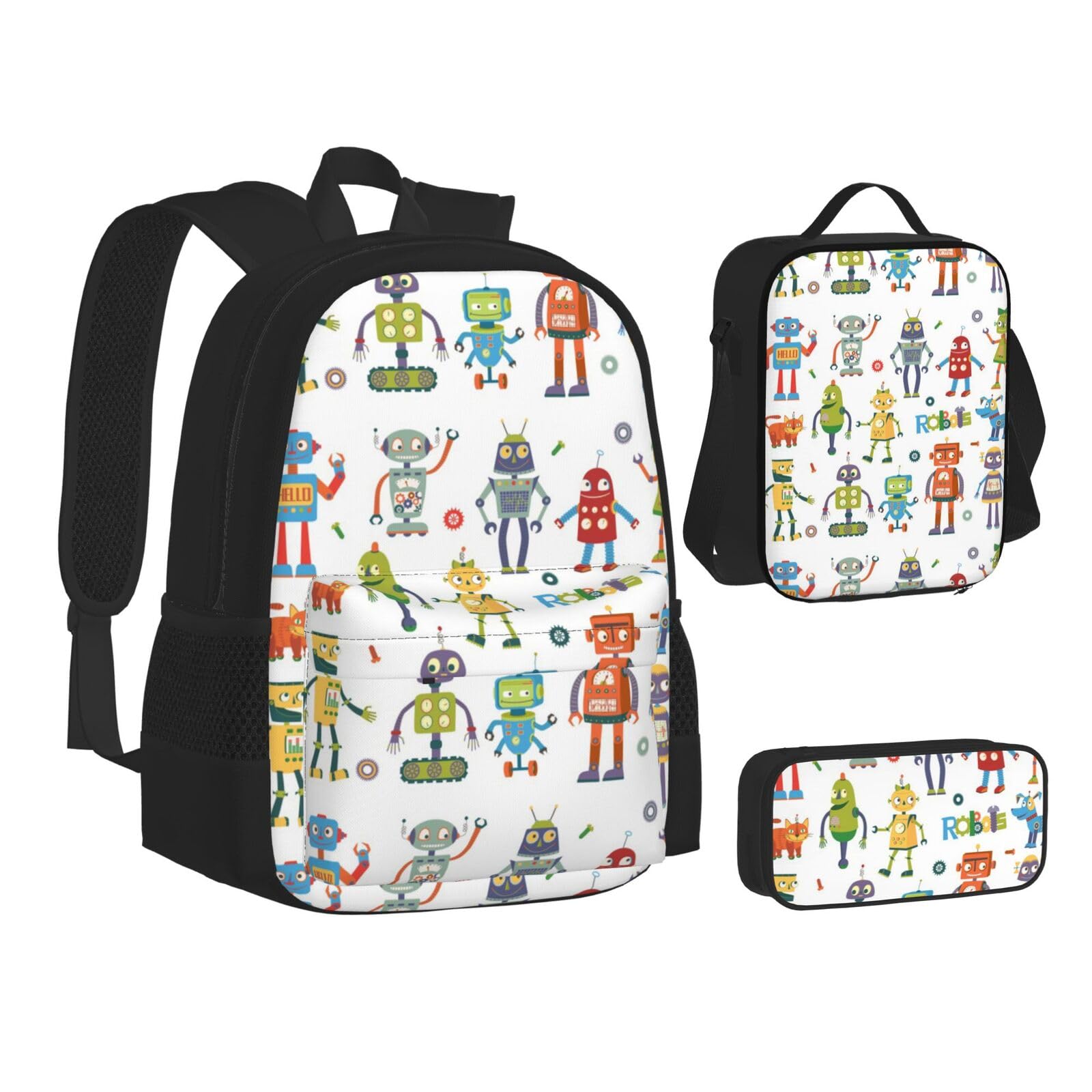 WURTON Süßes Cartoon-Roboter-Druck, Rucksack, Lunchbox-Set, 3-in-1 Schul-Büchertasche und Federmäppchen, passende Kombination