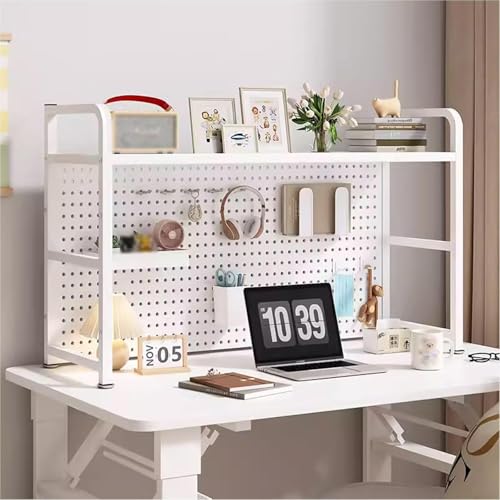 Bücherregal für Desktop-Aufbewahrung, 1–2 Etagen, Brett mit Löchern, Stahlrahmenmaterial, stabil und tragfähig, für Computertisch, Schlafsaal, Büro, Zuhause, Weiß, 55 x 20 x 68 cm