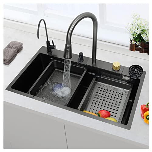 Nano-Wasserfall-Spüle, 304 Edelstahl-Küchenspüle, Einzelarbeitsplatz-Spüle Mit Fliegendem, Herausziehbarem Regenwasserhahn, Druckbecher-Spülmaschine (Color : Black Grey-A, S : 68x45x21cm)