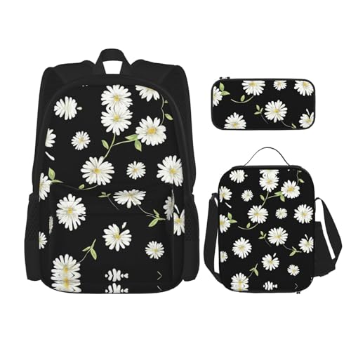 WURTON Rucksack mit Gänseblümchen-Druck, 3-in-1, Büchertaschen-Set, Lunchbox, Federmäppchen, Reise-Laptop, Tagesrucksäcke, Schwarz, Einheitsgröße