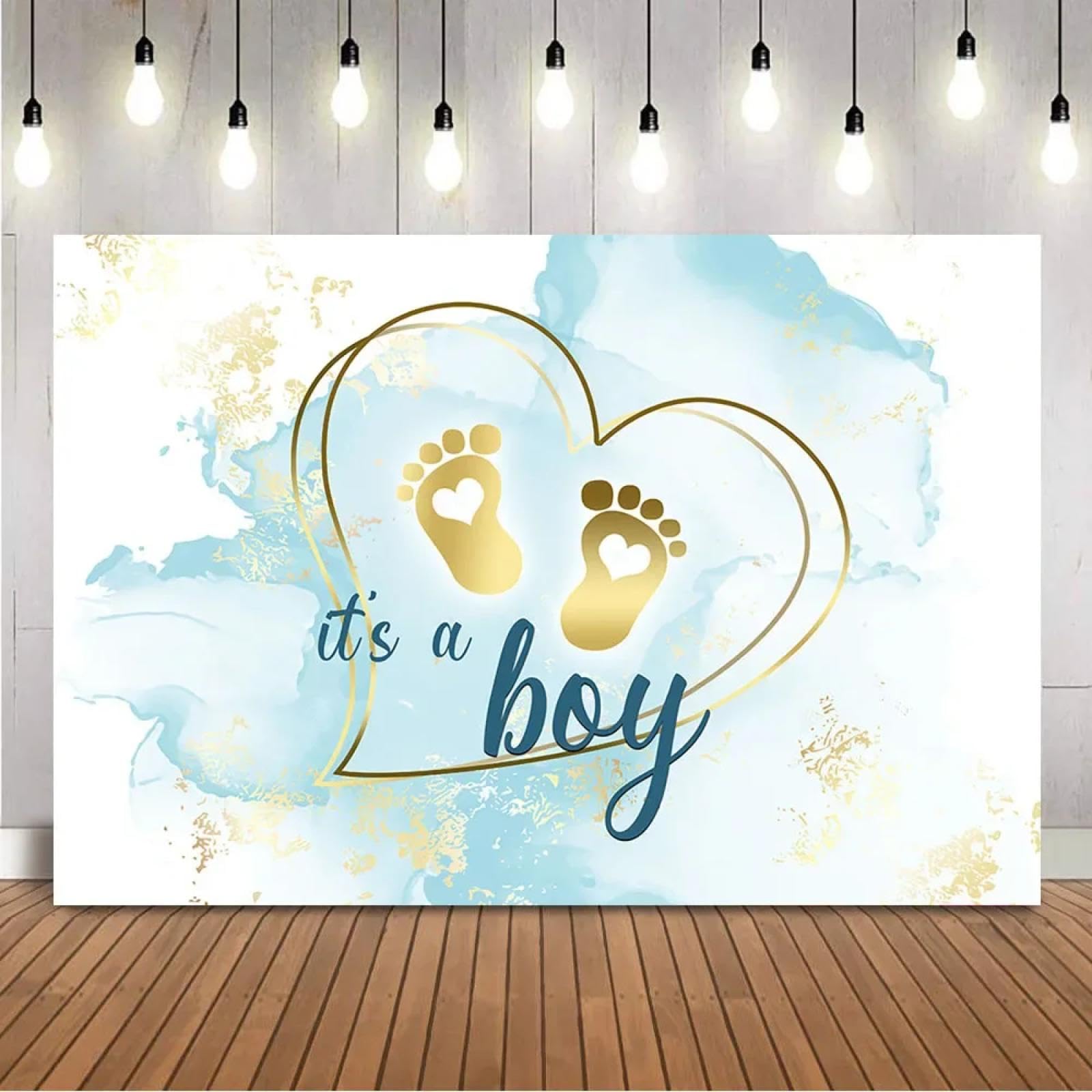 Es ist EIN Junge Hintergrund Goldene kleine Füße Geschlecht Enthüllen Foto Hintergrund Blau Marmor Herz Baby Party Thema Party Dekoration Requisiten 240X180cm