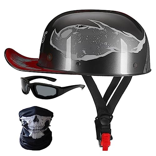 Halbschalenhelm Motorradhelm ECE-Zulassung Baseball Cap Mit Fahrradbrille Fahrradvisier Cruiser Chopper Scooter Helm Herren Retro Motorrad Halbhelm MäNner Frauen Mofa Helm 57-62cm