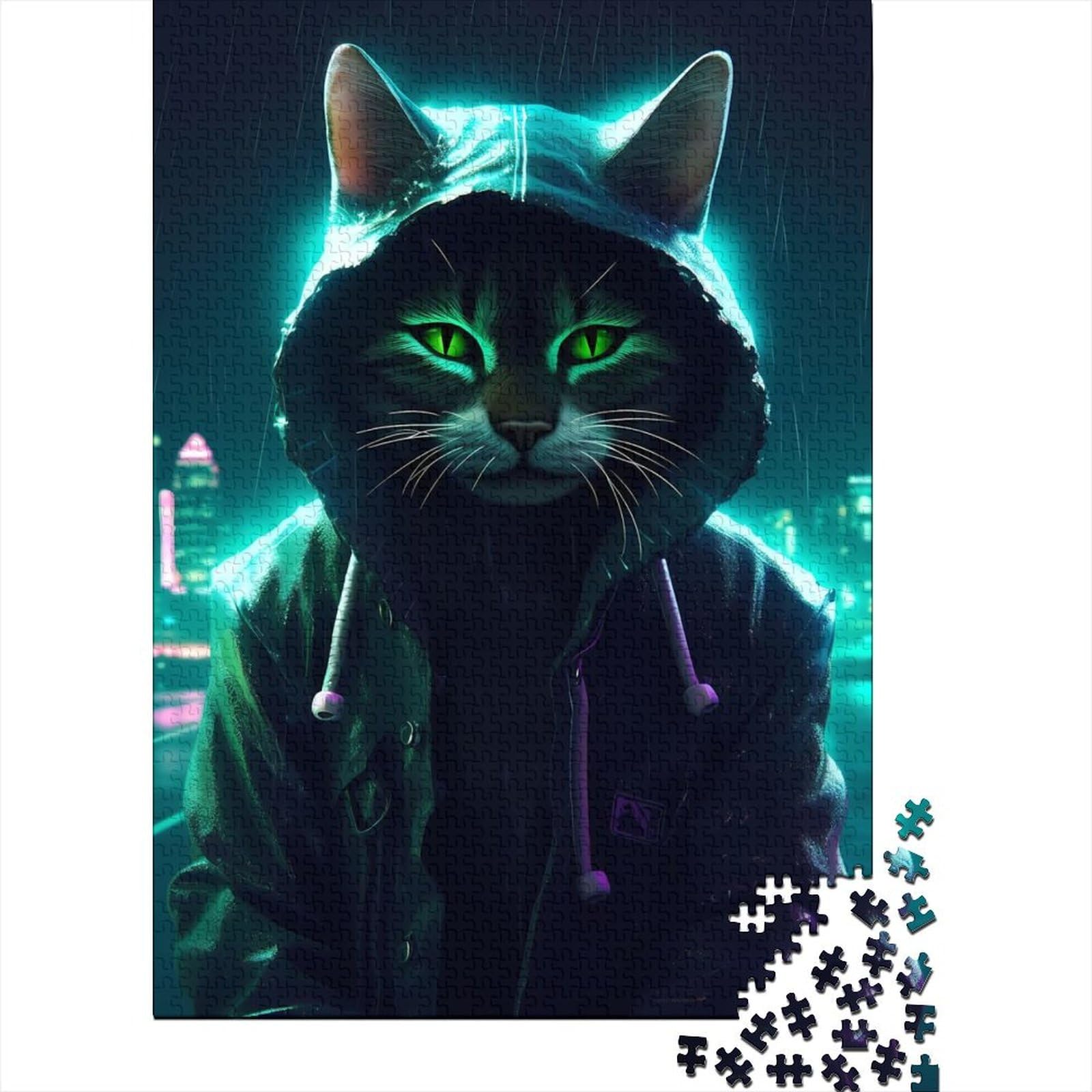 Cat Neon Art Puzzles Puzzles für Erwachsene und Teenager, 1000 Teile für Erwachsene, schwierige Puzzles, pädagogisches Stressabbau-Spielzeug-Puzzle (Größe: 75 x 50 cm)