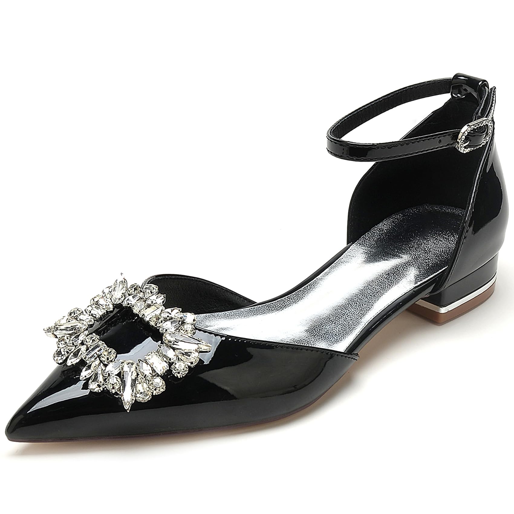 RUIZE Schwarz,42,Ballerinas mit geschlossener Spitze für Damen, 2,5 cm, glitzernde Strasssteine, Lackleder, Knöchelriemen, niedriger Absatz, Brautschuhe