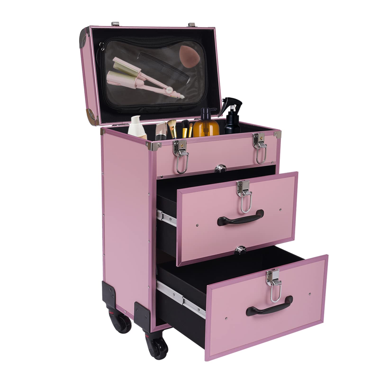 HuKaiL Kosmetikkoffer Trolley Schminkkoffer 3 Ebenen, Makeup Trolley Case mit Rollen, Mobile Kosmetik mit Spiegel und 50Kg Tragkraft, Schminkkoffer Profi mit Verstellbare Beine, 36 * 23 * 58cm, Rosa