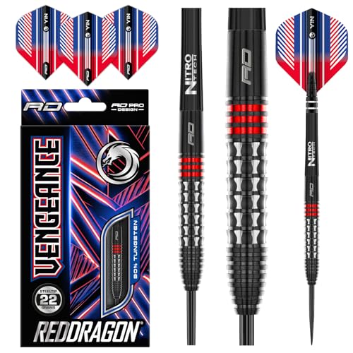 RED DRAGON Vengeance Red 22 Gramm Premium Wolfram Steeltip Dart Set mit Flights und Schäften