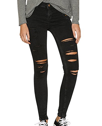 Gladiolus Damen Skinny Hose Jeans Strecken Ripped Loch Lässige Jeanshose Schwarz EU34