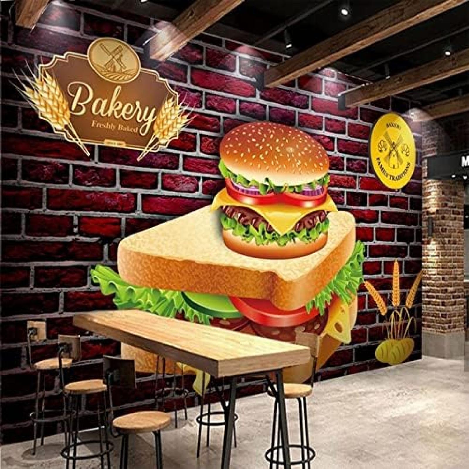 XLMING Fast Food Brot Burger Restaurant 3D Tapete Wohnzimmer Sofa Schlafzimmer Esszimmer Home Dekoration Wand-400cm×280cm