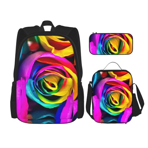 DENMER Mehrzweck-Schultasche mit Marmorstruktur, mit passendem Federmäppchen und Lunchtasche, stilvolle All-in-One-Lösung, Aquarell Regenbogen Rose, Einheitsgröße