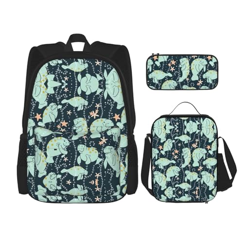 WURTON Rucksack mit Seekuh-Tieren und Kalbendruck, für Mädchen und Jungen, Schultaschen, Teenager, Lunchbox und Federmäppchen, 3-in-1-Büchertaschen-Set