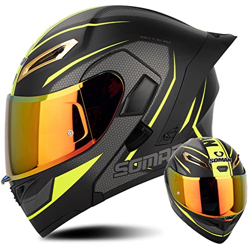 Integrierter Motorradhelm Motorrad Klapphelm mit Doppeltem Sonnenvisier Farblinse Rollerhelm DOT/ECE-Zertifizierung Integralhelm HD Doppelspiegel Sturzhelm für Männer Frauen,Schwarz Gelb-XXL(63~64cm)