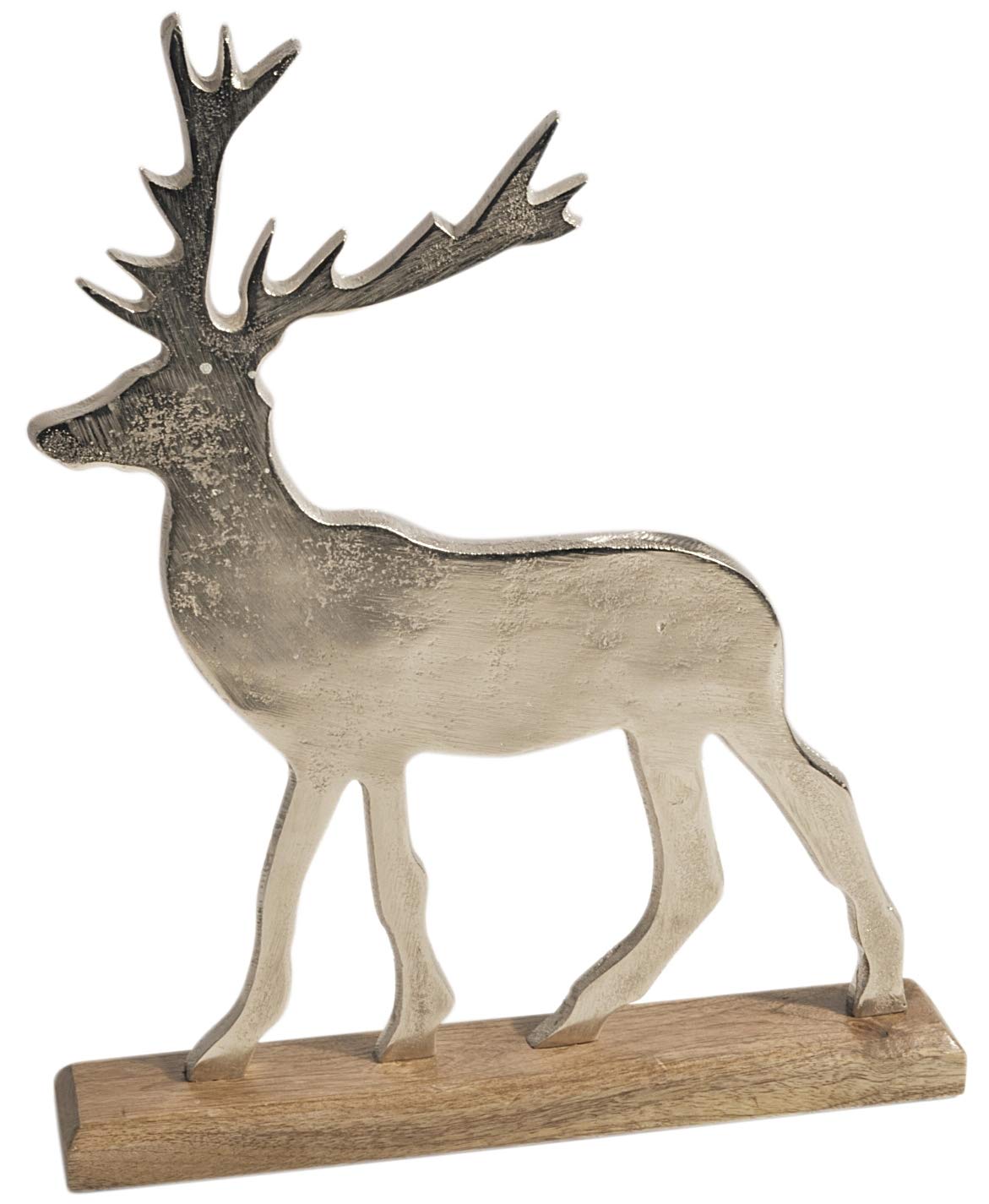 CHICCIE Hirsch Figur Silber Stehend Auf Mango Holz Sockel 37 cm - Hirschfigur Dekohirsch Dekofigur Rentierfigur Rentier