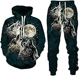 RIAAJ 3D Druckstile Wolf Herren Trainingsanzug,Hoodies+Lange Hose, Jogginganzug, 2-teiliges Set für Herren (3XL,A3)