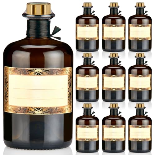 9x Apothekerflaschen braun 500ml Geschenkset mit Korken gold, Band, Kapseln & Etiketten Motiv Orient, 0,5L Glasflaschen schwarz antik leer, Braunglas Flaschen für Öl, Gin uvm.