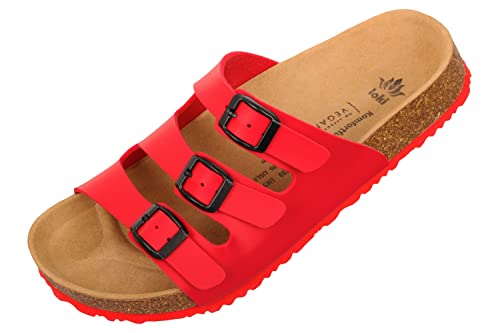 loki ANNA by Pantoletten für Damen I nachhaltig & vegan, PETA-zertifiziert I Sandalen mit flexibler EVA-Laufsohle & Memory-Korkfußbett I 3-Riemer Schlappen, Allergiker-freundlich I 38 in Rot