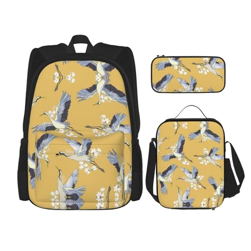 WURTON Schulrucksack-Set mit Vogel-Aufdruck, 3-in-1-Büchertaschen-Set mit Lunchbox, Federmäppchen, Reise-Laptop, Tagesrucksäcke