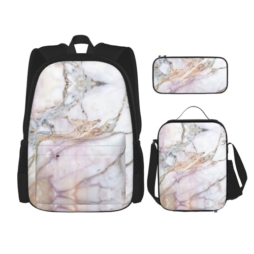 WURTON Rosa Weiß Marmor Muster Druck Trendy Rucksack Taschen Lunchbox und Federmäppchen 3 in 1 Verstellbarer Rucksack Set, Schwarz, Einheitsgröße, Schwarz , Einheitsgröße