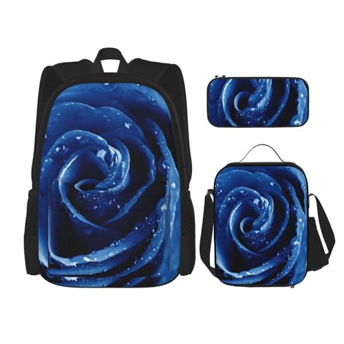 DENMER Mehrzweck-Schultasche mit Marmorstruktur, mit passendem Federmäppchen und Lunchtasche, stilvolle All-in-One-Lösung, Schöne blaue Rose, Einheitsgröße