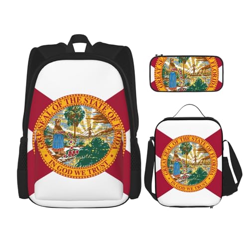 WURTON Schulterrucksack, Motiv: Flagge von Florida, 3-in-1, Büchertaschen-Set, Lunchbox, Federmäppchen, Reisen, Laptop, Tagesrucksack, Schwarz, Einheitsgröße, Schwarz , Einheitsgröße