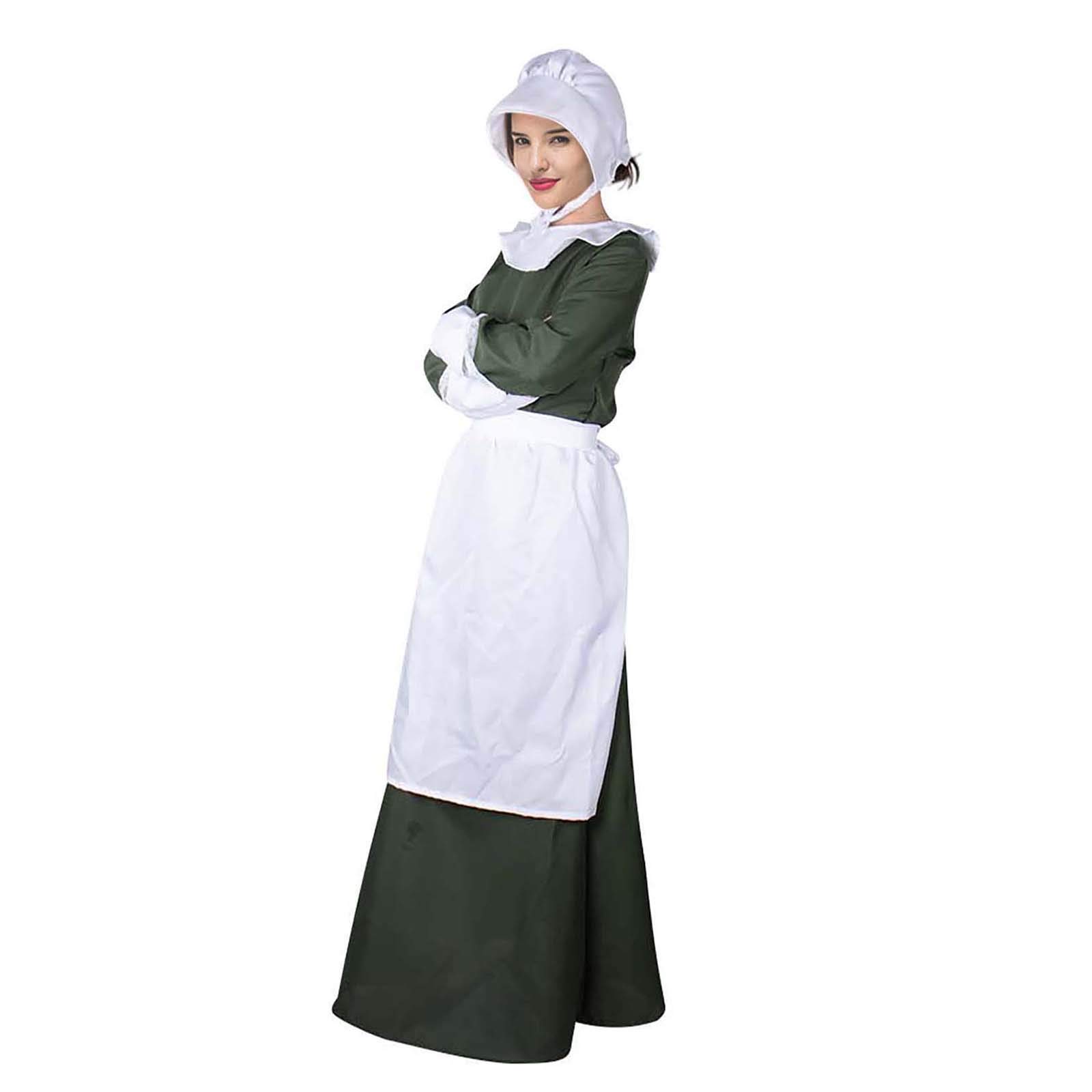 Miss Pioneer Kostüm Kolonial Prärie Maid Halloween Frauen Erwachsene Verkleidung mit Motorhaube Schürze Set, dunkelgrün, Erwachsene-Large