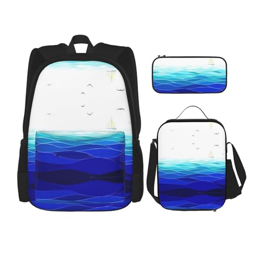 WURTON Ocean Waves Segelboot mit Vögeln Maritim Druck Trendy Rucksack Taschen Lunchbox und Federmäppchen 3 in 1 Verstellbarer Rucksack Set, Schwarz , Einheitsgröße