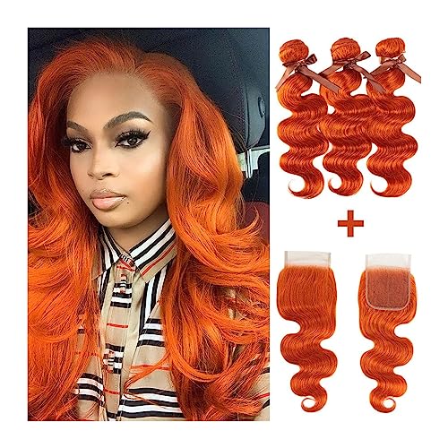 Human Hair Bundles Körperwelle Bundles mit Verschluss Blonde Orange Bundles 3/4 Bundles Brasilianische Haarwebart Bundles Wellig Spinnt Haareinschlagverlängerungen human hair weave (Color : With Clos