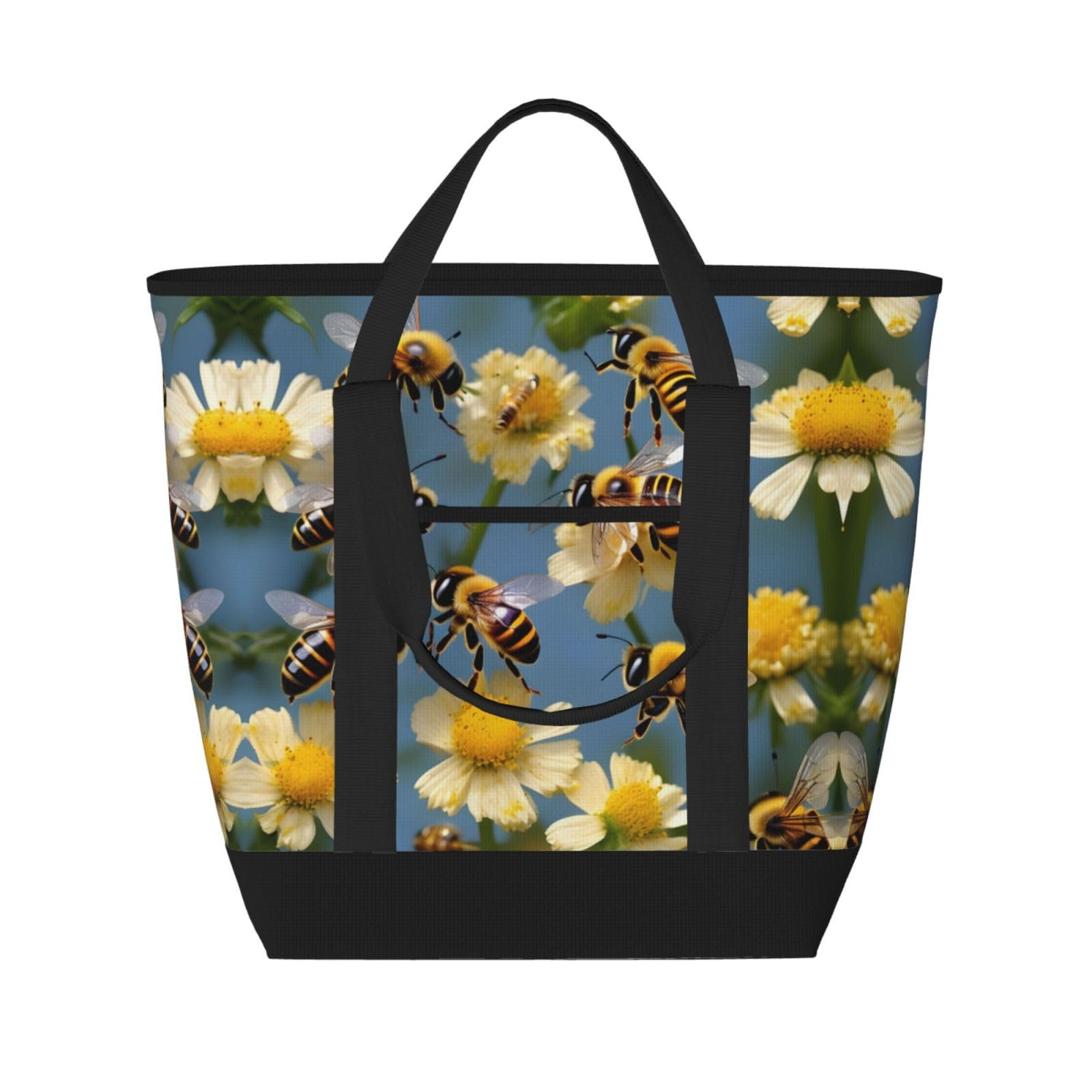 YQxwJL Isolierte Kühltasche mit Honigbienen-Blumendruck, großes Fassungsvermögen, Einkaufstasche, Reisetasche, Strand, wiederverwendbare Einkaufstasche für Erwachsene, Schwarz, Einheitsgröße