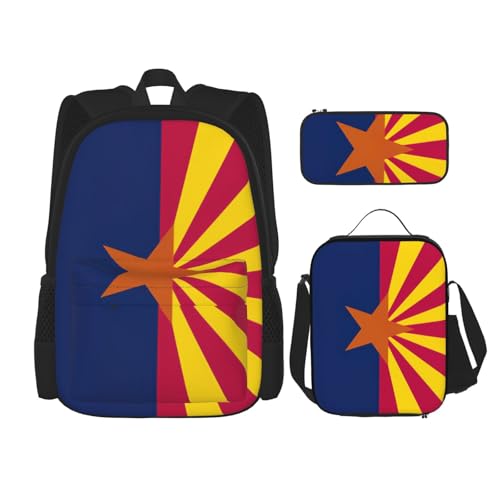 WURTON Arizona State Flag Print Lunchbox Federmäppchen Rucksack Set 3 Stück Verstellbare Träger Langlebig Leicht, Schwarz, One Size