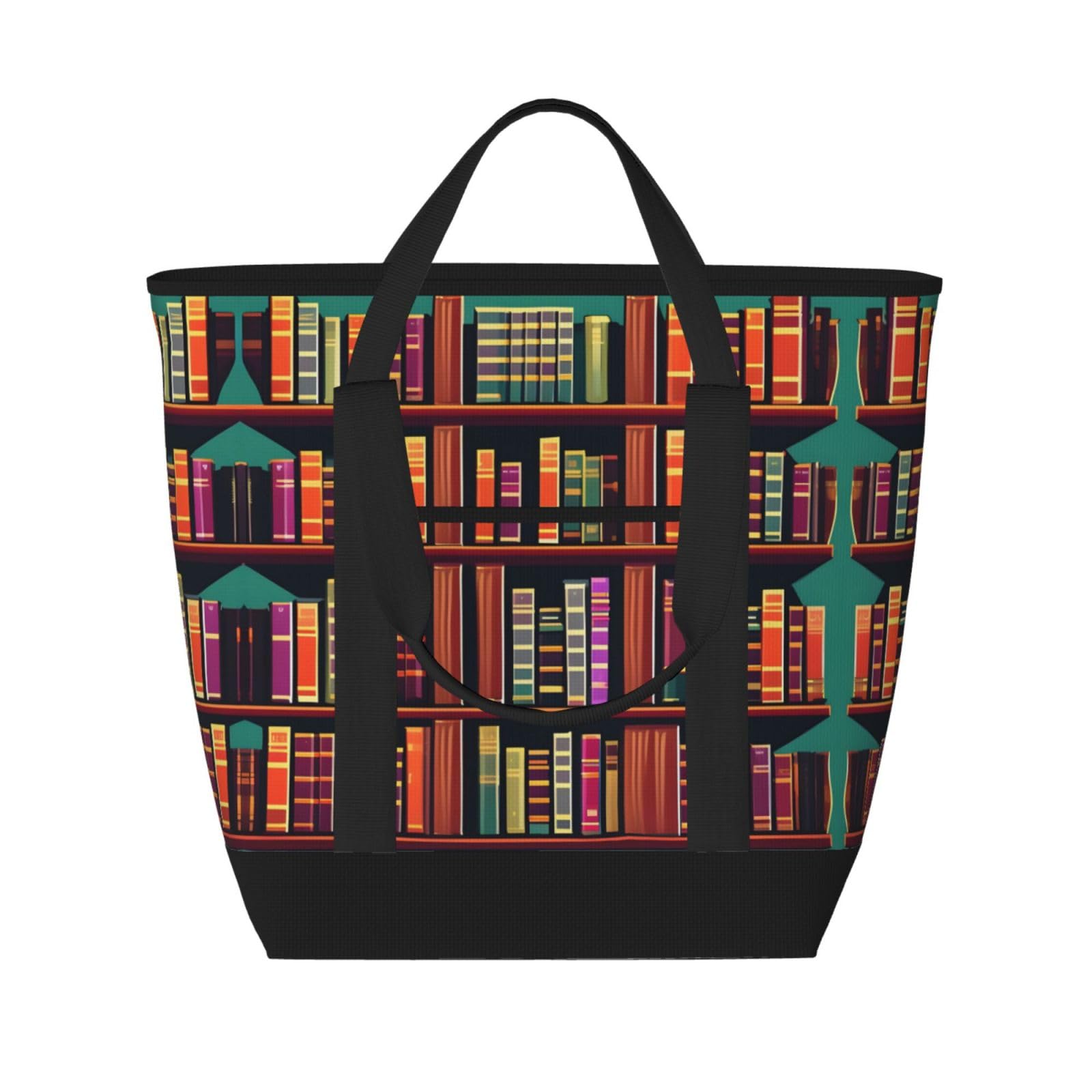 YQxwJL Isolierte Kühltasche mit Bibliotheks-Bücherregal-Druck, großes Fassungsvermögen, Einkaufstasche, Reisetasche, Strand, wiederverwendbare Einkaufstasche für Erwachsene, Schwarz, Einheitsgröße