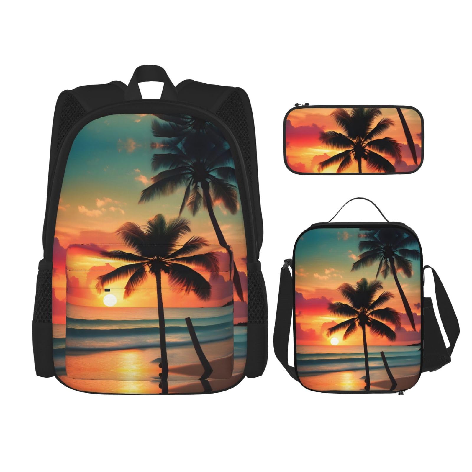 WURTON Tropischer Strand Palme Druck Reise Lunchbox Federmäppchen Rucksack Set 3 Stück Verstellbare Träger Leicht, Schwarz, Einheitsgröße