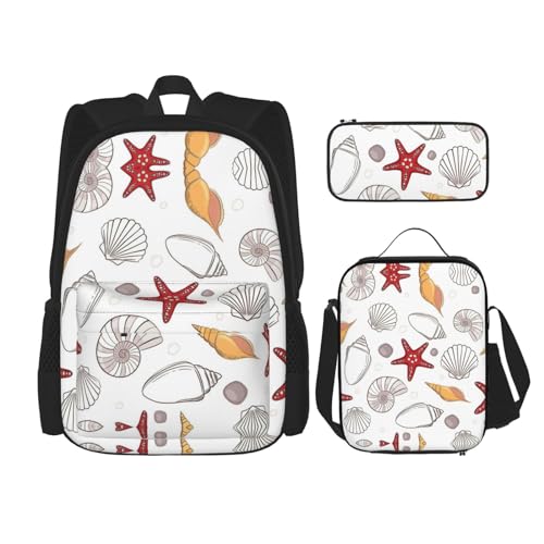 WURTON Shell Starfish Print Trendy Rucksack Taschen Lunchbox und Federmäppchen 3 in 1 Verstellbarer Rucksack Set, Schwarz, Einheitsgröße, Schwarz , Einheitsgröße