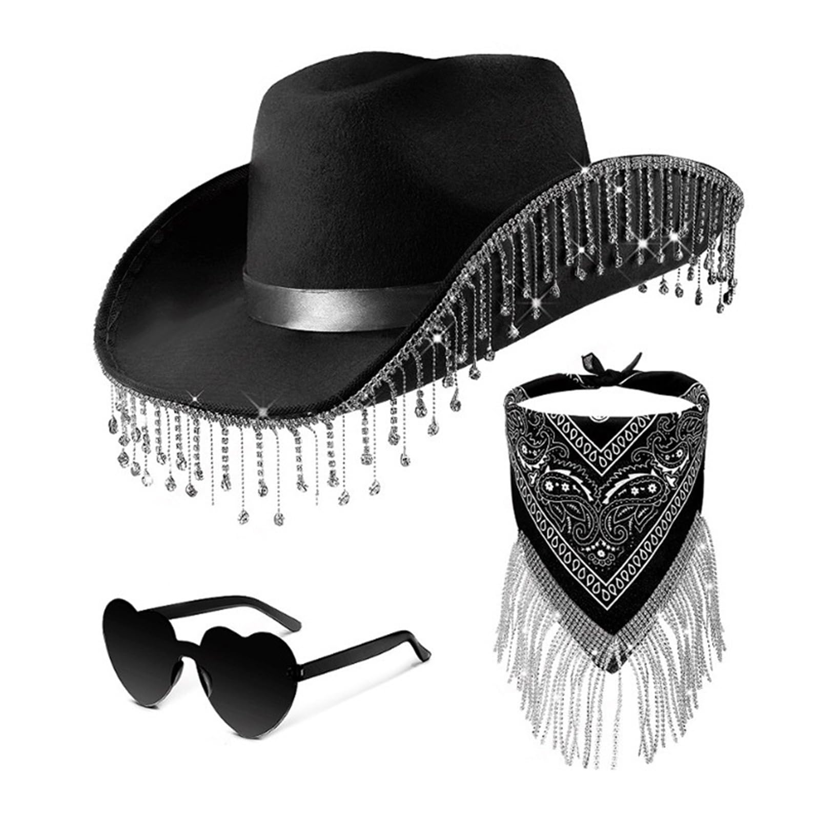 MEELYHOME Cowboy-Kostüm mit Quasten, Western-Kostüm, breite Krempe, Hut, Halstuch, Sonnenbrille, Set, Cosplay, Party, Kostümzubehör, 3-teiliges Cowgirl-Hut-Set, Partyzubehör