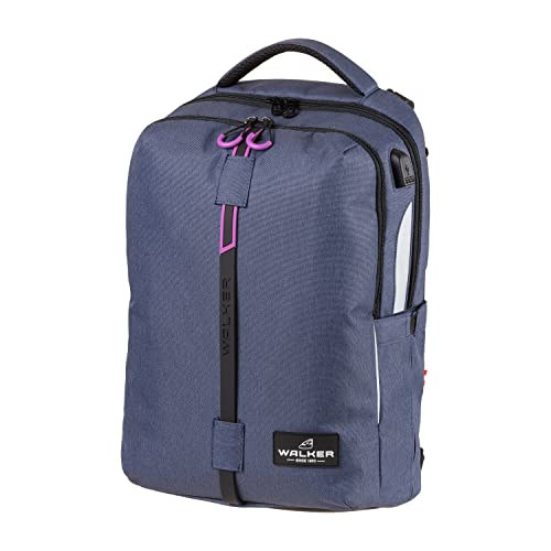 Walker 42113-267 - Rucksack Elite Blue-Ivy-Pink mit 2 Fächern, Laptop-Fach, Rücken-Polsterung, höhenverstellbarem Trage-System und Reflektoren, wasserabweisend, Backpack für Schule, Uni und Büro