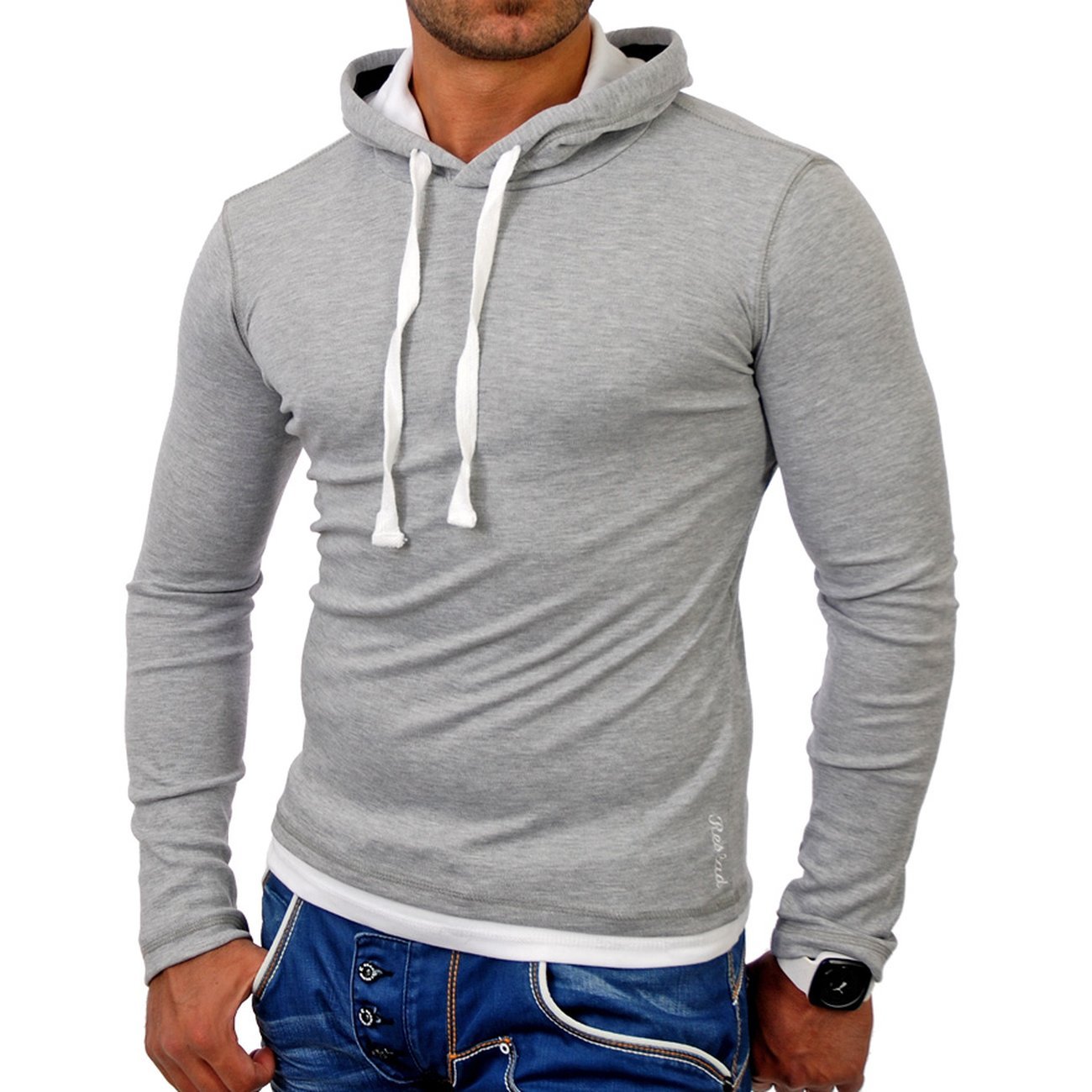 Reslad Herren Pullover Kapuzenpullover Sweatshirt Sweater Pulli Hoodie RS-1003 Grau-Weiß M