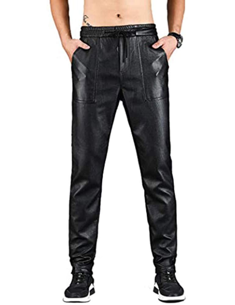 Idopy Herren Leder Jogger Hose mit Tunnelzug (36W, 1702Black)