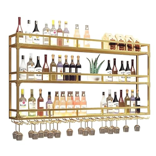 Hängende industrielle runde Weinregale, An der Wand montiertes Weinregal mit LED-Licht, modernes Weinflaschenregal aus Eisen mit Glashalter, for die Dekoration von Bars in Heimrestaurants(Gold,80x25x9