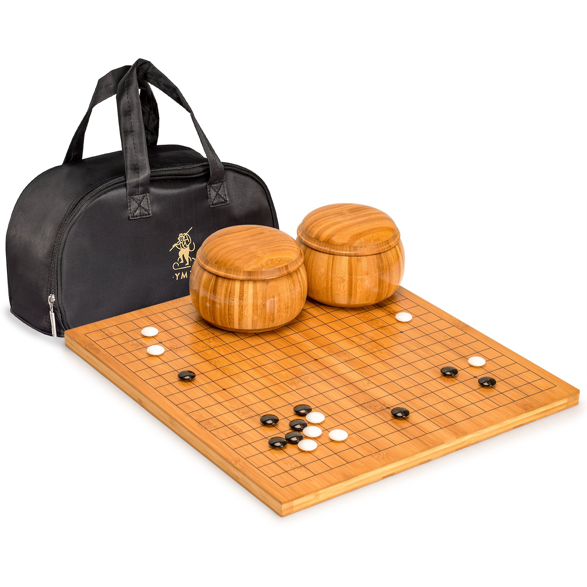 Yellow Mountain Imports Bambus 2 Zentimeter Wendbar 19 x 19/13 x 13 Go-Spielbrett-Set mit Doppelt Konvexen Melamin-Steinen und Bambus-Schalen - Klassisches Strategie-Brettspiel (Baduk/Weiqi)