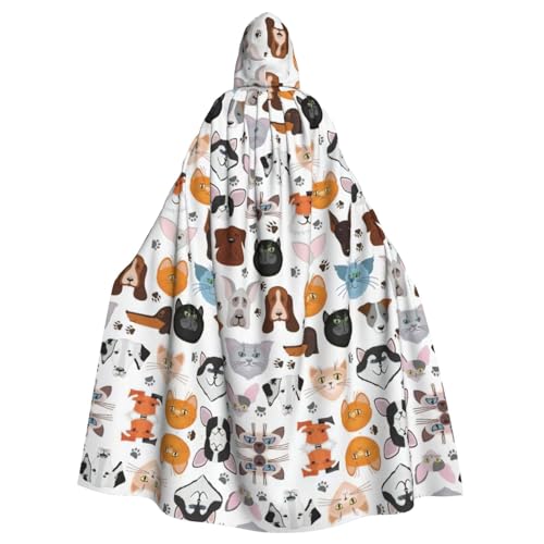 YQxwJL Langer Umhang mit Cartoon-Katzen- und Hunde-Aufdruck, Unisex, mit Kapuze, Halloween, Weihnachten, Kostüme, Party-Umhang