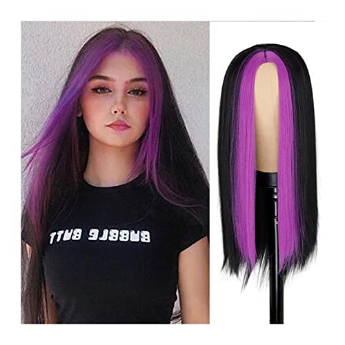 Perücken Synthetische schwarze Highlight-Perücke 24 Zoll lange gerade Stinktier-Streifen-Perücken for Frauen Mode Mittelteil hitzebeständiges Haar tägliche Party Cosplay Perücke Damenperücke (Color :