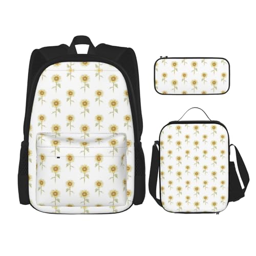 WURTON Sonnenblumen-Rucksack, handbemalt, Blumendruck, Mädchen, Jungen, Schultaschen, Teenager, Lunchbox und Federmäppchen, 3-in-1-Büchertaschen-Set