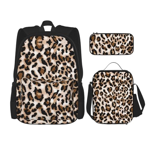 WURTON Schulterrucksack, Leopardenmuster, 3-in-1, Büchertaschen-Set, Lunchbox, Federmäppchen, Reisen, Laptop, Tagesrucksäcke, Schwarz, Einheitsgröße