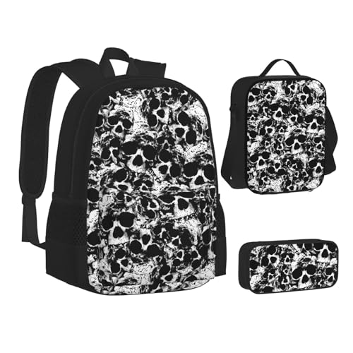 WURTON Lunchbox-Set, 3-in-1-Büchertasche und Federmäppchen, Schwarz und Weiß, mit Totenkopf-Aufdruck, passende Kombination, Schwarz, Einheitsgröße