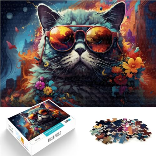 Puzzle-Geschenke-Spielzeug, Katze mit Sonnenbrille, 1000 Teile, Puzzle-Spielzeug aus Holz, Lernspiel, Herausforderungsspielzeug, ganze Familie (50 x 75 cm)