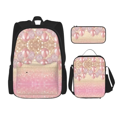 WURTON Rosa Glitzer Ballon Druck Verstellbare Schultergurte Rucksack Set Mittagessen Tasche Federmäppchen Kombination Taschen Set