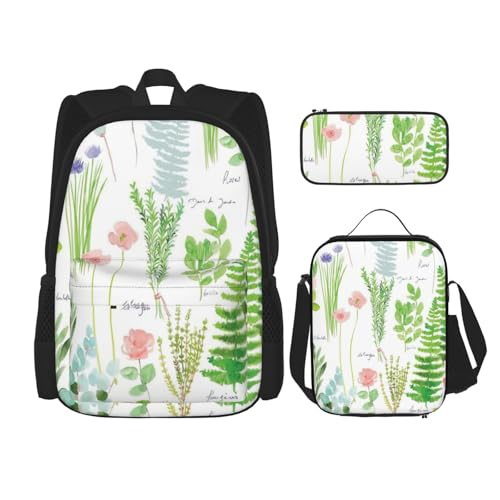 WURTON Springtime 3-in-1 Büchertaschen-Set mit Kräutergarten-Druck, verstellbarer Schulter-Rucksack, Lunch-Tasche, Federmäppchen, Beutelbox, Schwarz, Einheitsgröße