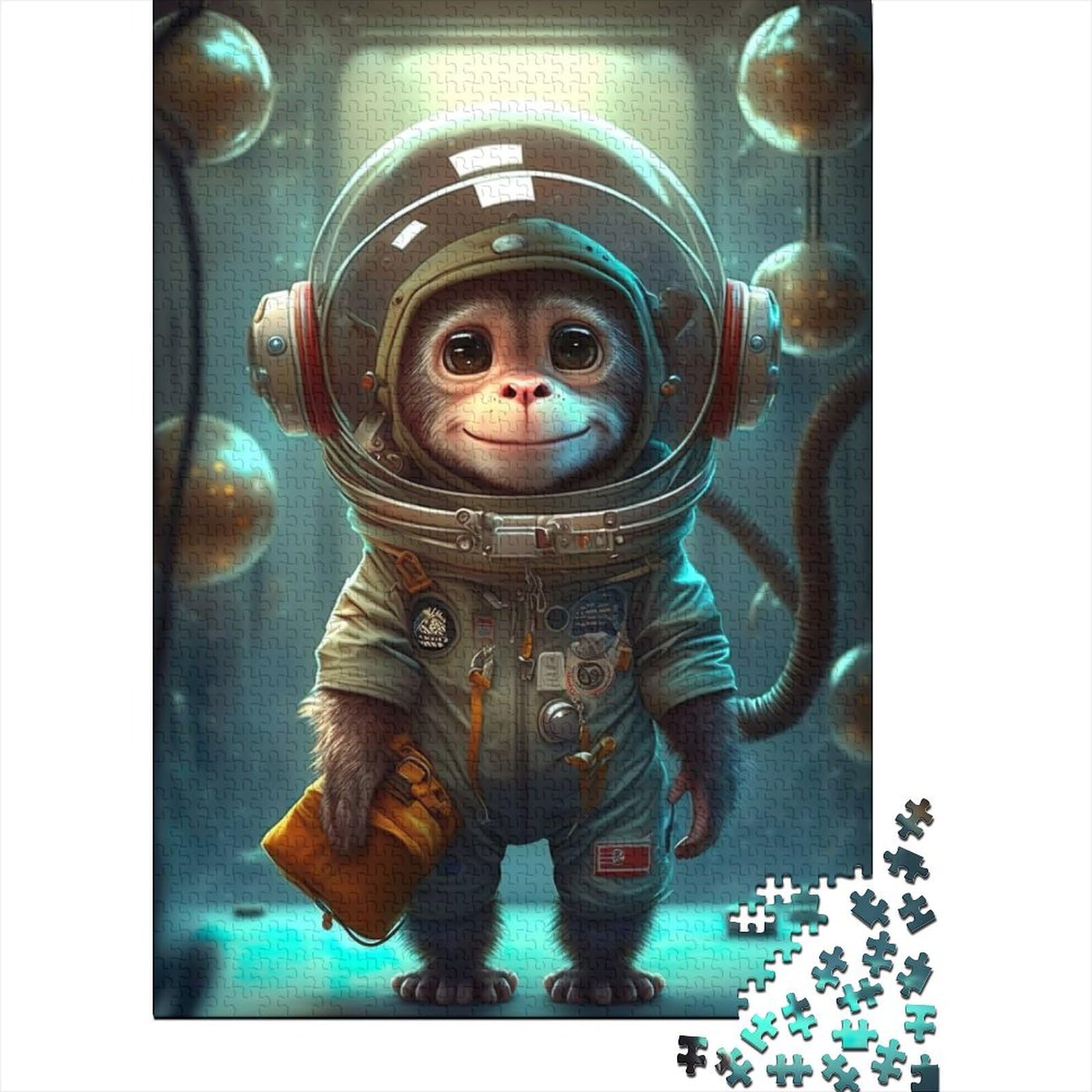 Astronaut Space Monkey Ape Holzpuzzle für Erwachsene 500 Teile für Erwachsene Schwierige Puzzles ganze Familie und die (Größe: 52 x 38 cm)