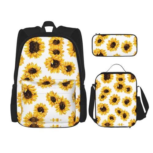 WURTON 3-in-1-Set mit Sonnenblumen-Aufdruck, lässig, verstellbar, Schulter-Rucksack, Lunch-Tasche, Federmäppchen, Beutel, Schwarz, Einheitsgröße