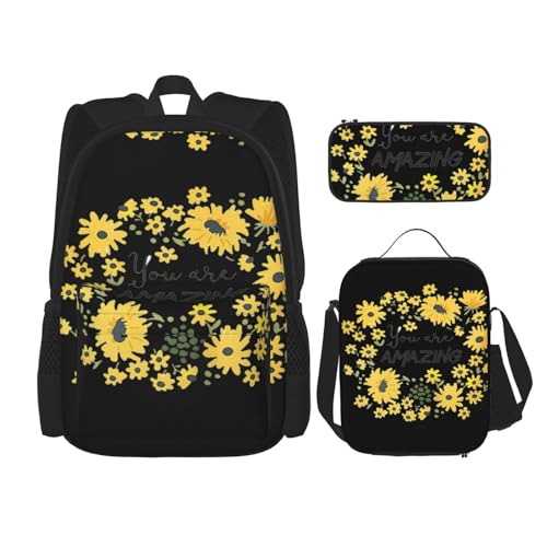 WURTON Wildes Gänseblümchen-Druck, trendige Rucksacktaschen, Lunchbox und Federmäppchen, 3-in-1, verstellbares Rucksack-Set