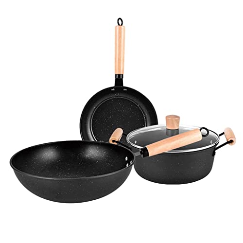 Kochgeschirr 3-teiliges Kochgeschirr-Set, Wok, Bratpfanne, Kochtopf mit Deckel, Töpfe, Pfannen-Set, Maifan-Stein, antihaftbeschichtete Eierpfanne, Kochutensilien